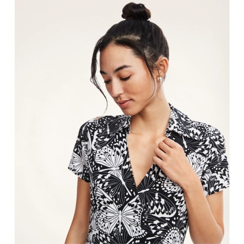 New Brooks Brothers Wrap Dress XS Black White Butterfly Print Office Coquette